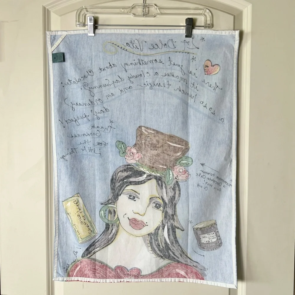 VTG Julia Junkin La Dolce Vita Textile Art Tea Towel Chocolate Lover Cake Hat